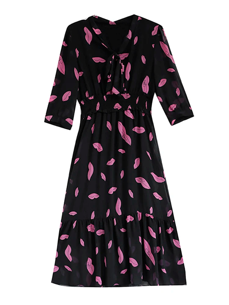 Spring Summer Black Print Chiffon Bow V-Neck Midi Dress