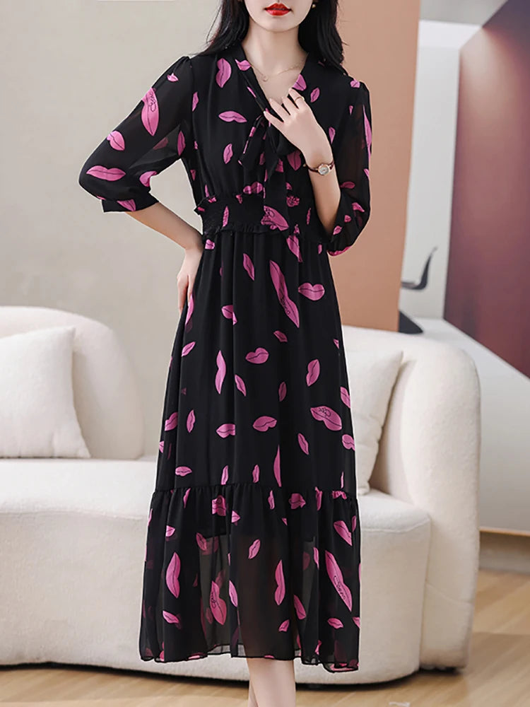 Spring Summer Black Print Chiffon Bow V-Neck Midi Dress