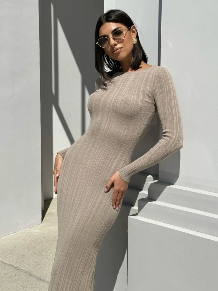 Autumn Long Sleeve Knitted Maxi Dress Women