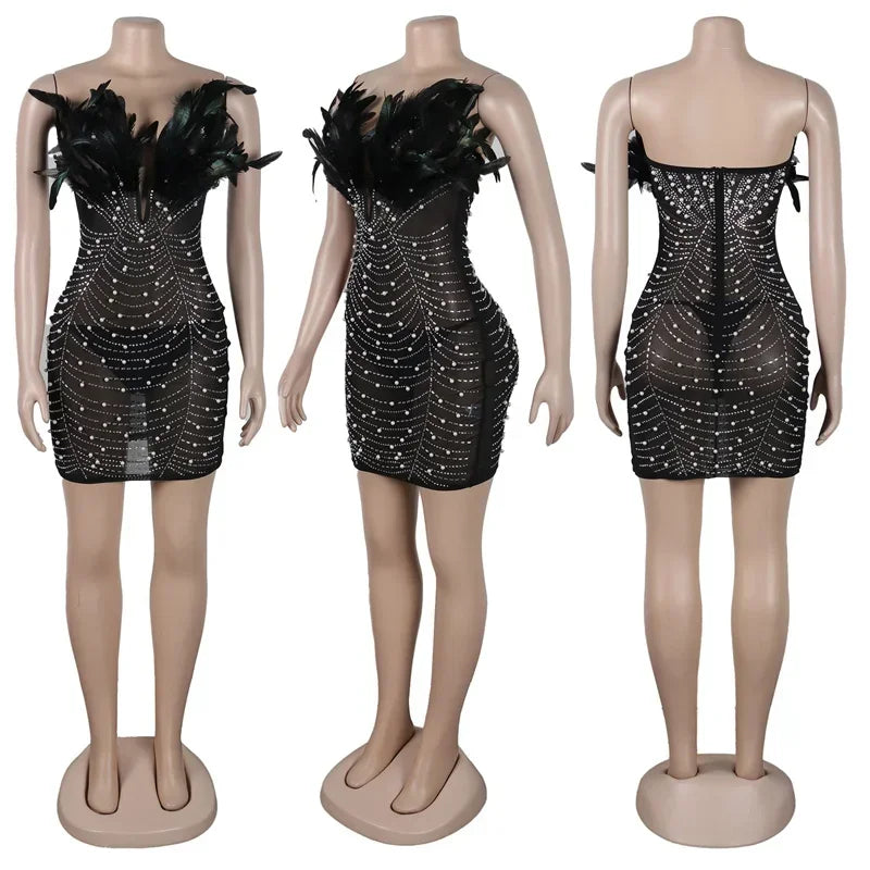 Sexy Club Party Night Feathers Rhinestones Birthday Dresses