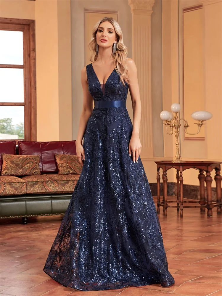 Lucyinlove Luxury Sexy Deep V-Neck Sequins Blue Evening Dress