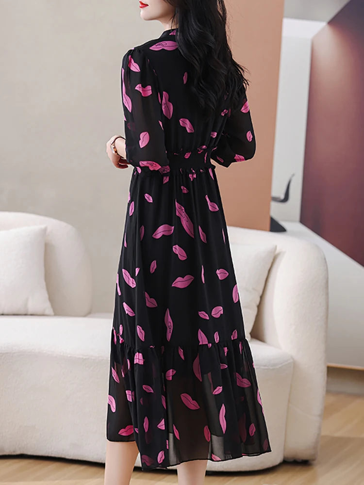 Spring Summer Black Print Chiffon Bow V-Neck Midi Dress