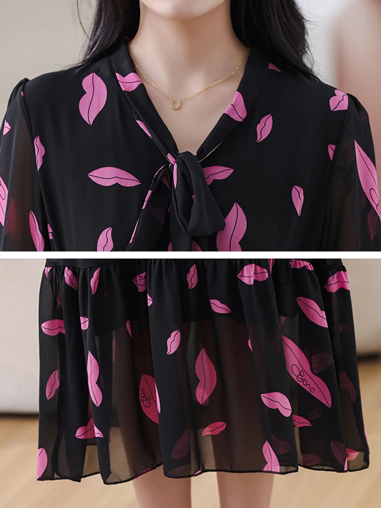 Spring Summer Black Print Chiffon Bow V-Neck Midi Dress