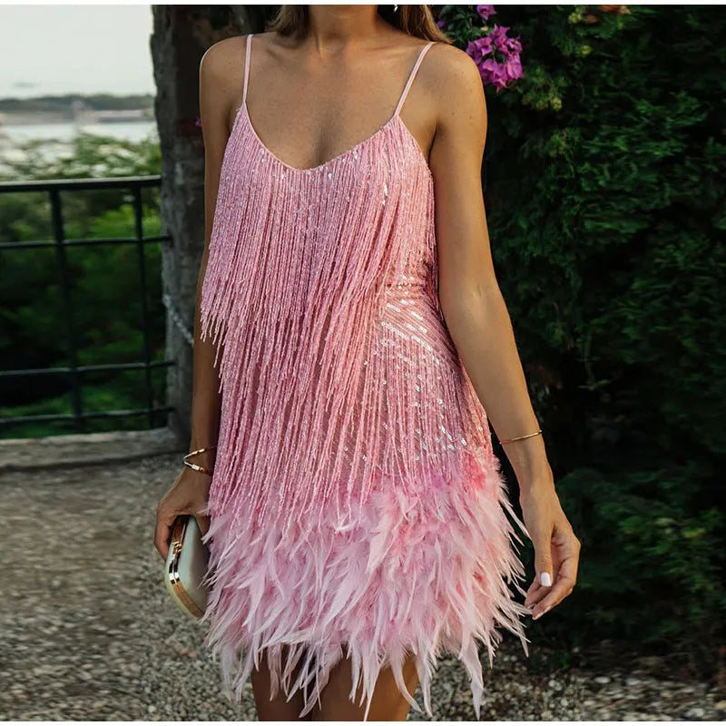 2023 New Sexy Tassel Sequins Feather Mini Dress