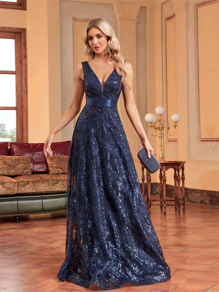 Lucyinlove Luxury Sexy Deep V-Neck Sequins Blue Evening Dress