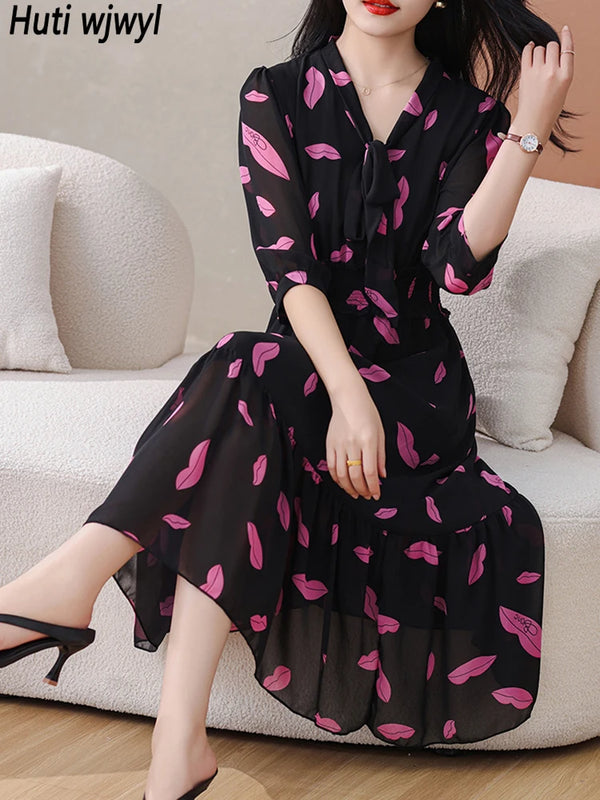 Spring Summer Black Print Chiffon Bow V-Neck Midi Dress