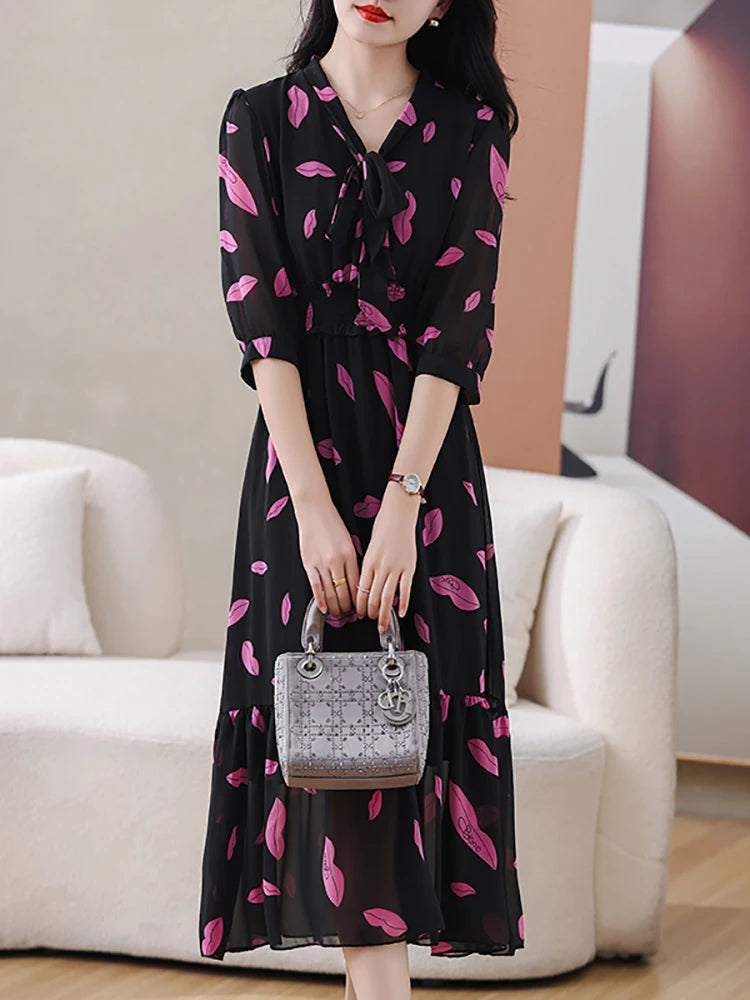 Spring Summer Black Print Chiffon Bow V-Neck Midi Dress