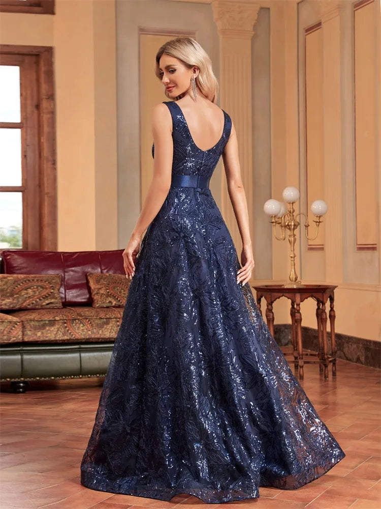 Lucyinlove Luxury Sexy Deep V-Neck Sequins Blue Evening Dress